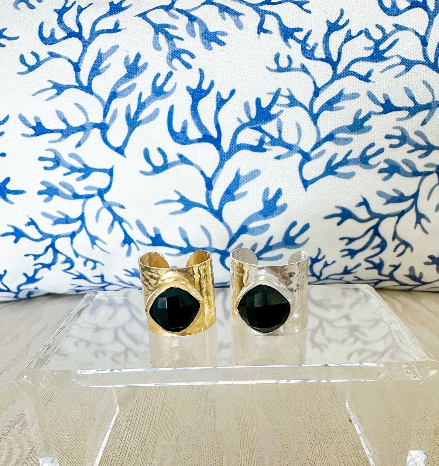 Hammered Square Stone Wide Cuff Ring