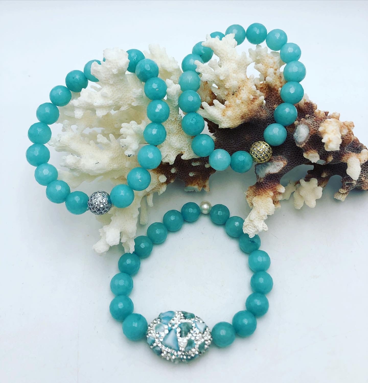 Aqua Agate Stretch Bracelets Pave accent silver or gold
