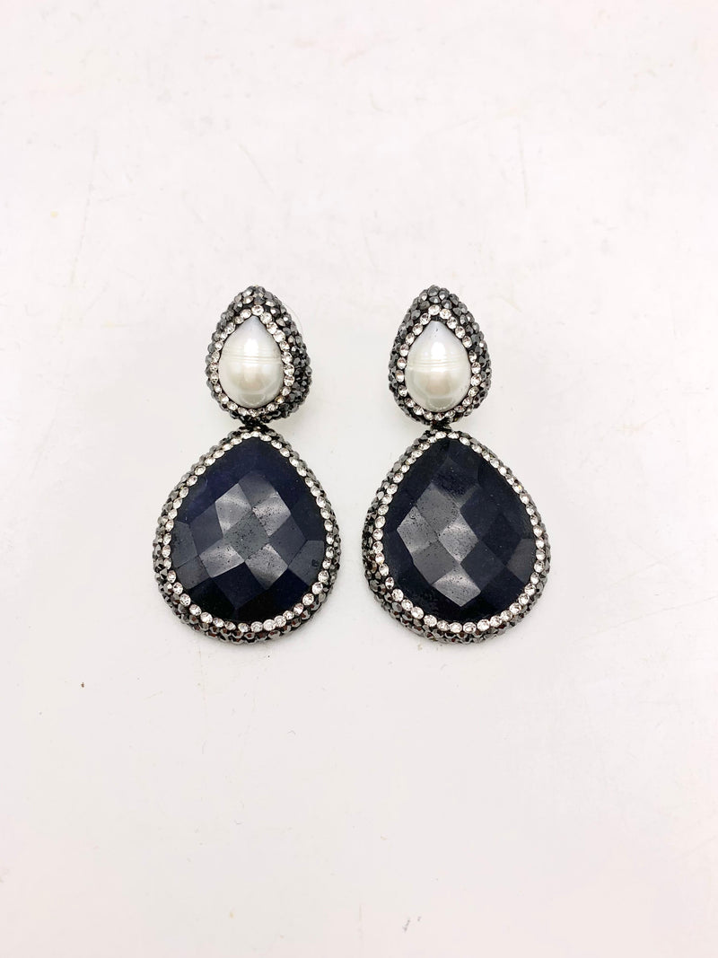 Double Drop Pave Stone and Pearl Earrings