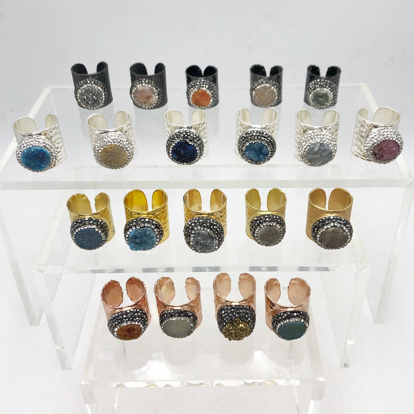 Hammered Brass Adjustable Rings will vary in color and stones