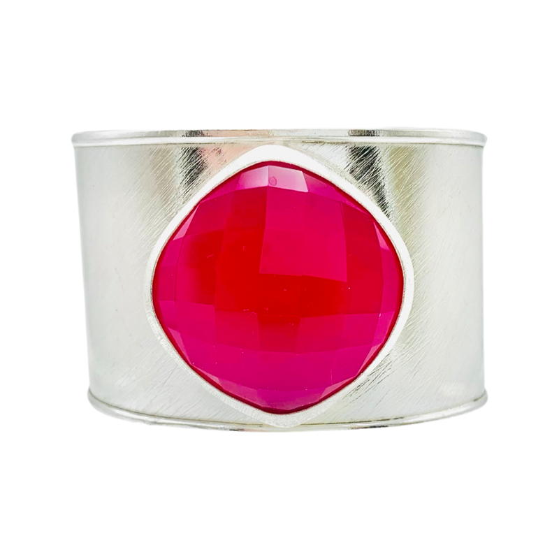 Hot Pink Chalcedony Silver over Brass Adjustable Cuff Bracelet