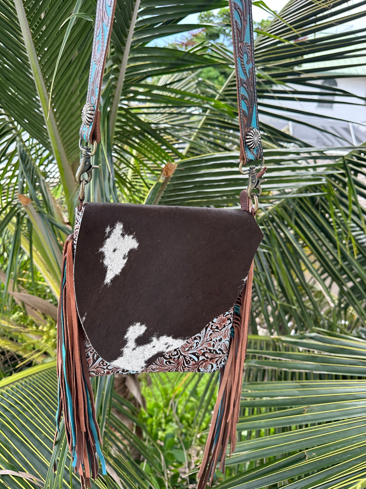 Hand tooled Cowhide Flap Fringe Crossbody