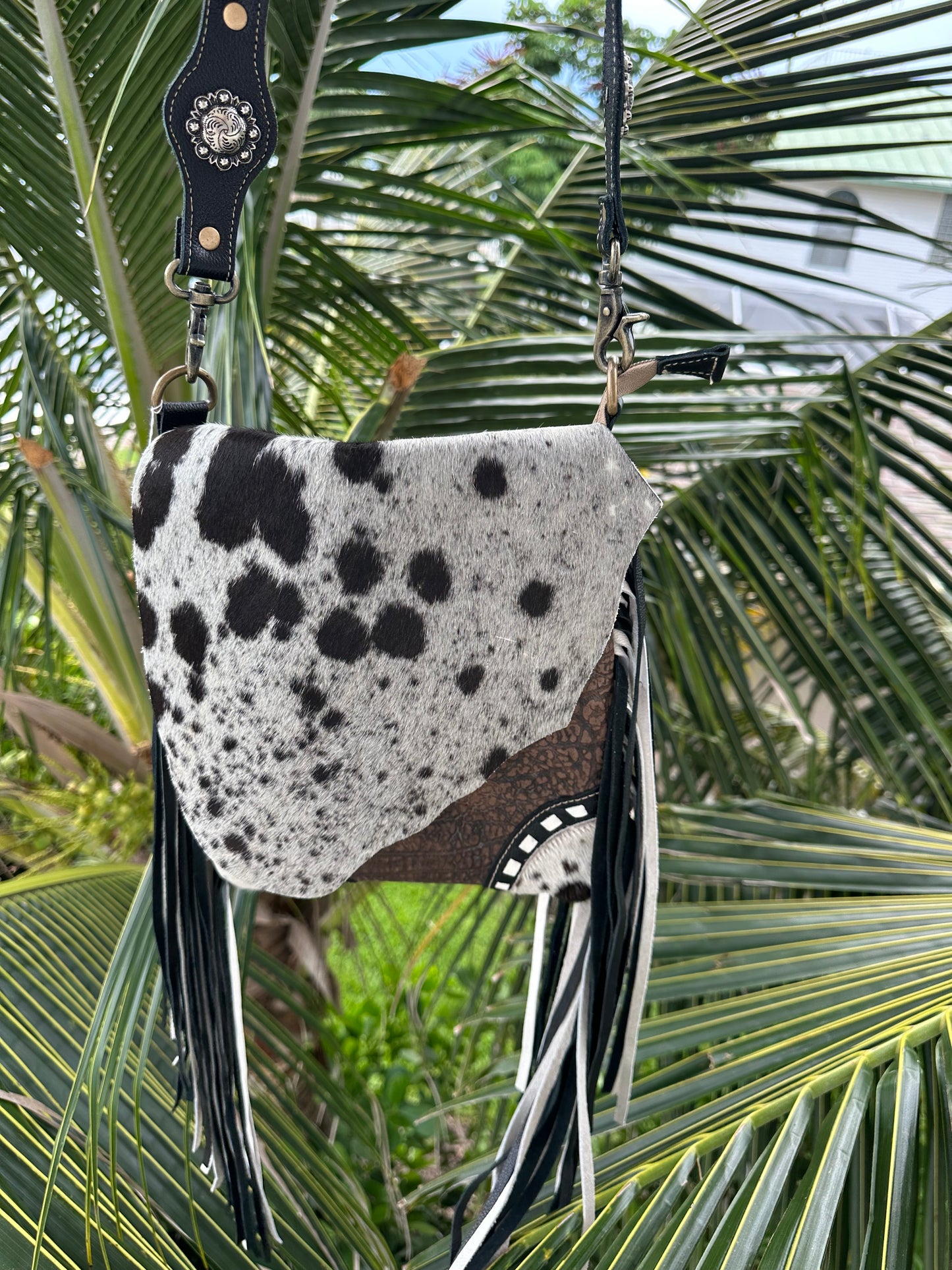 Mixed Cowhide Leather Fringe Crossbody