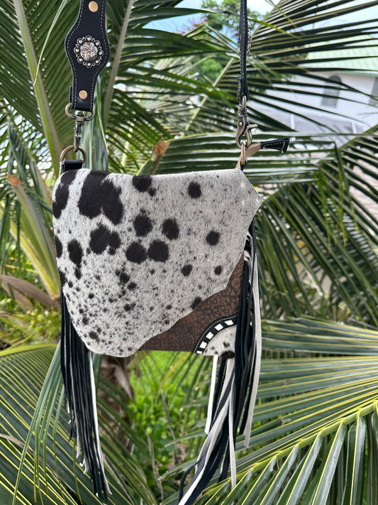 Mixed Cowhide Leather Fringe Crossbody
