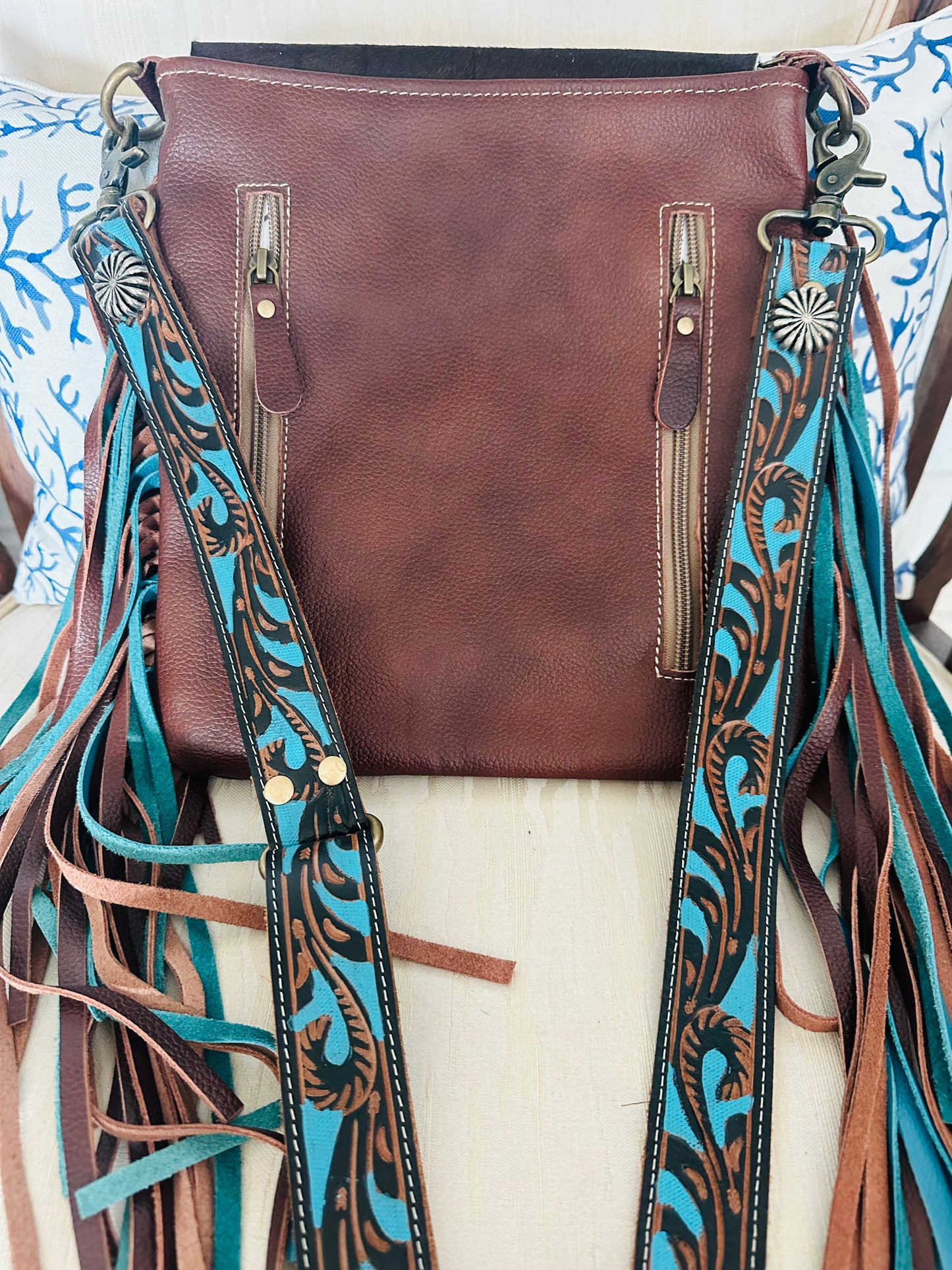 Hand tooled Cowhide Flap Fringe Crossbody