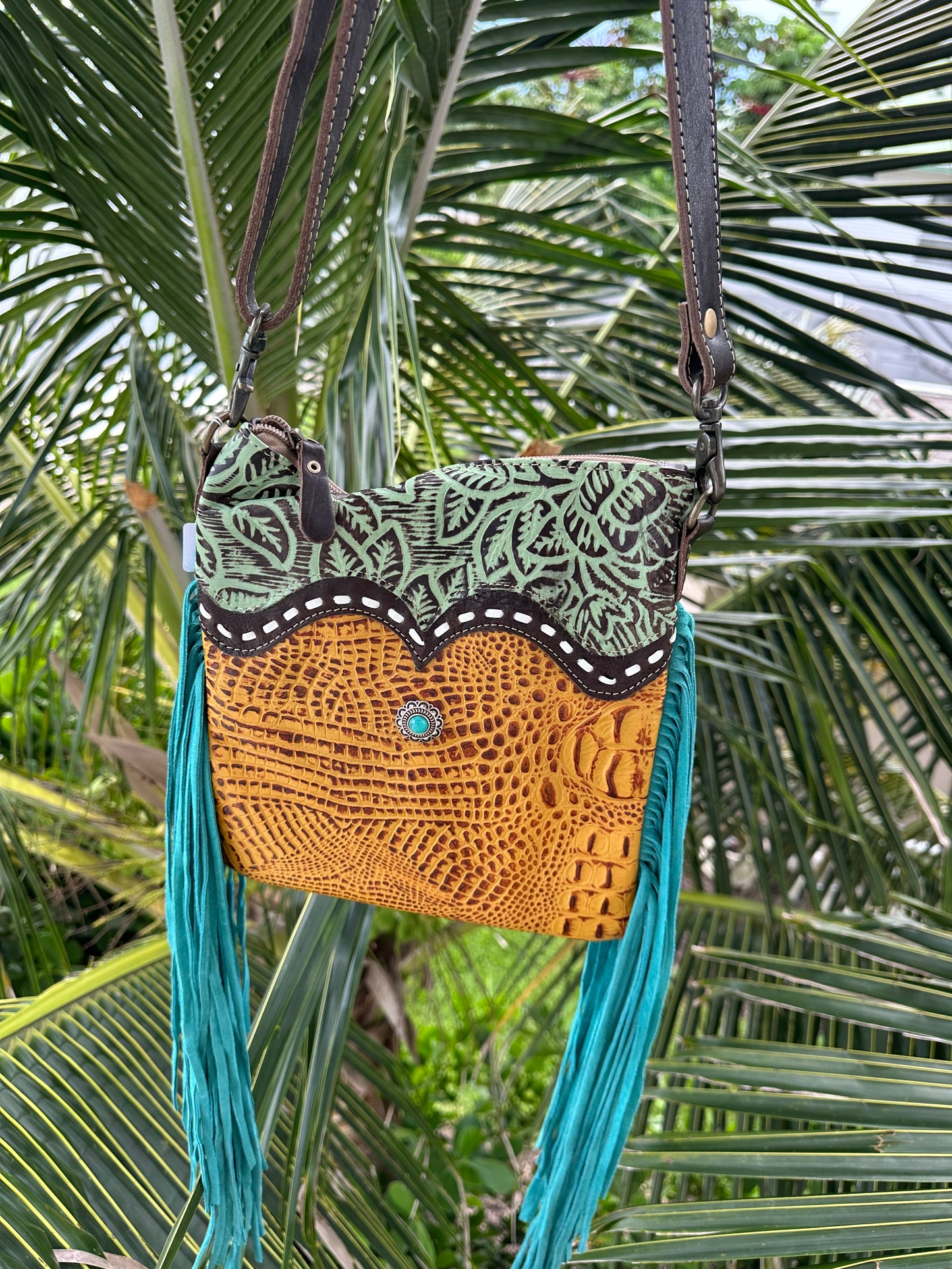 Hand tooled Fringe Crossbody