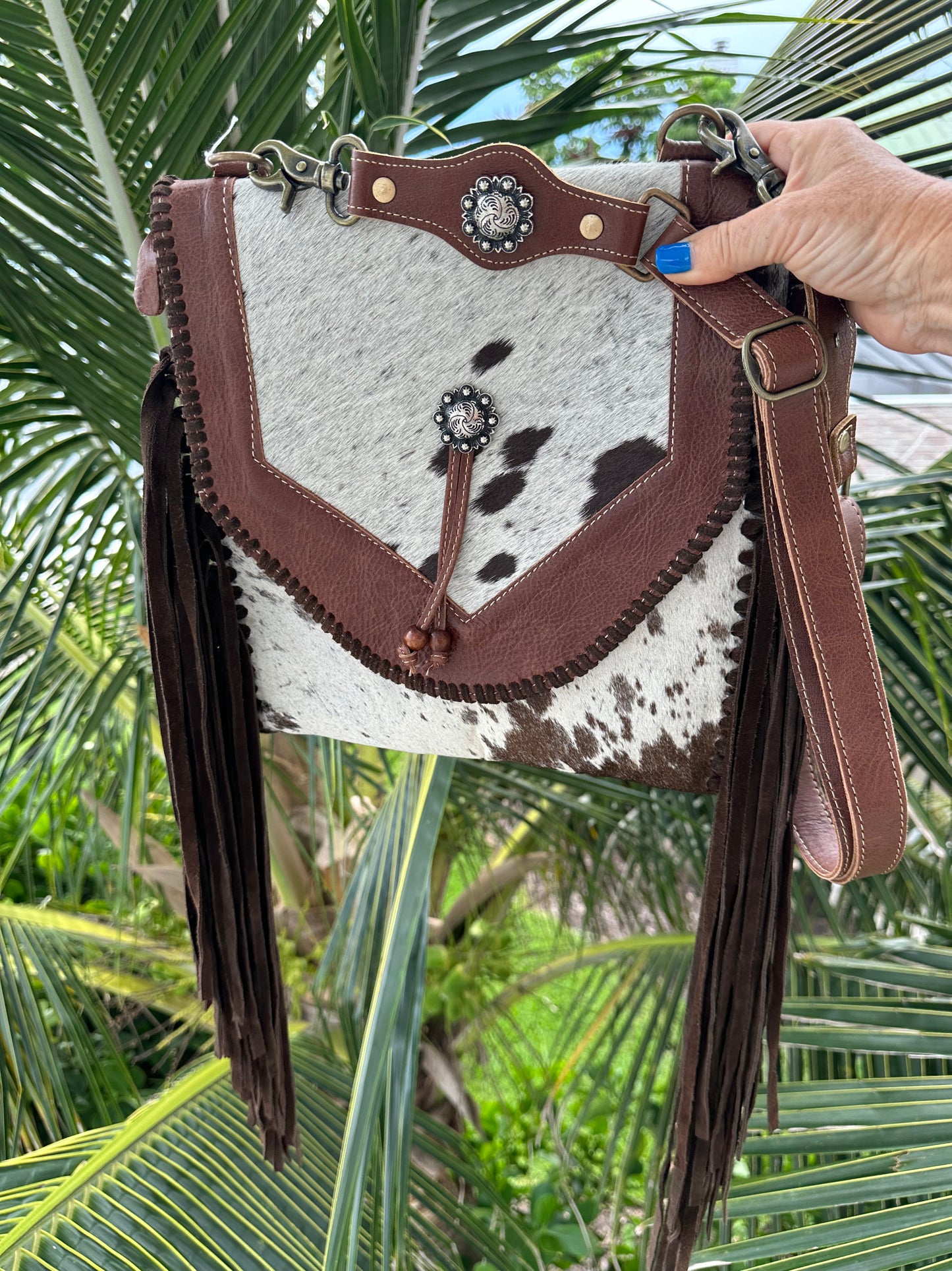 Gray/Brown Cowhide Leather Suede Fringe