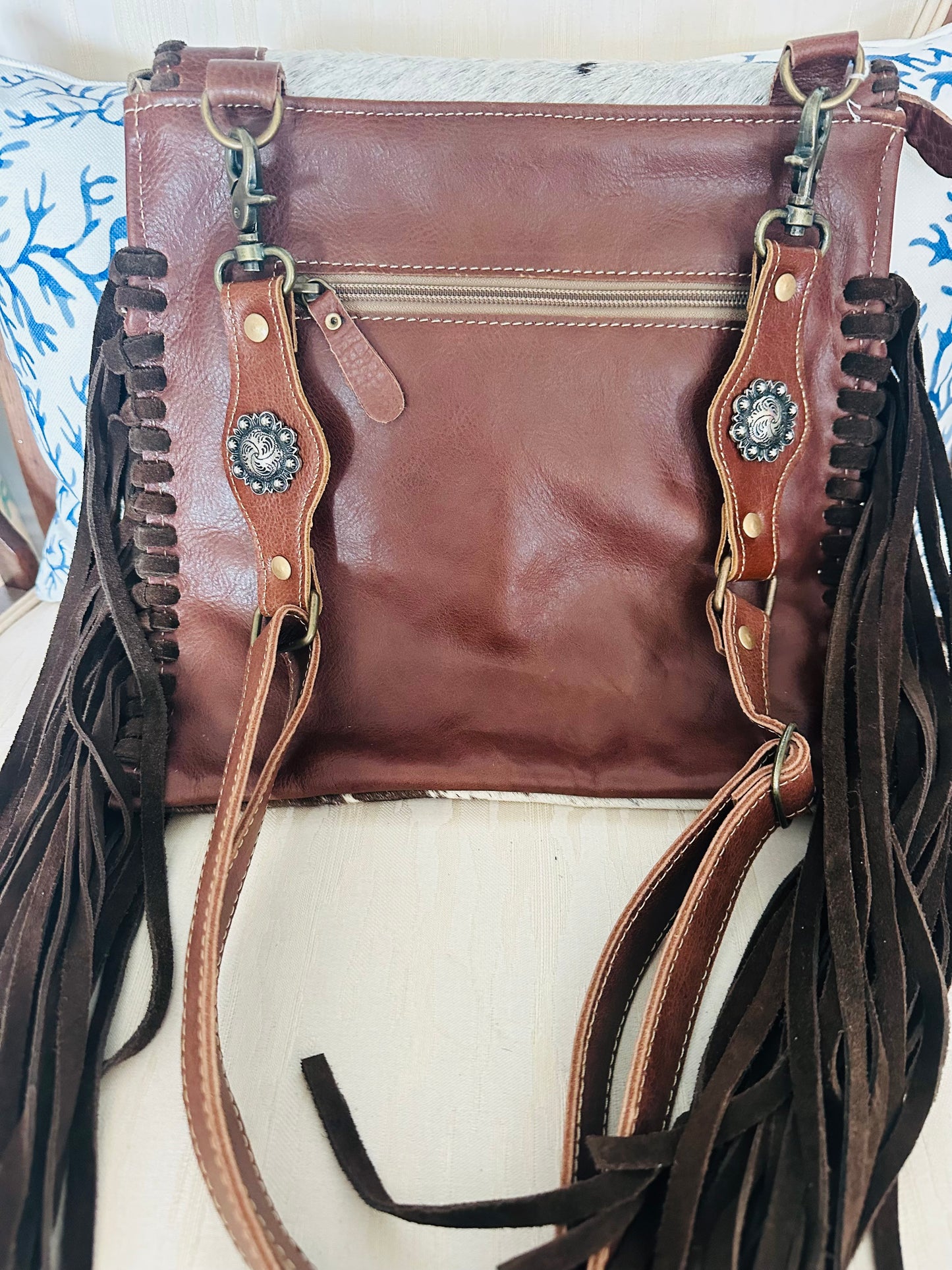 Gray/Brown Cowhide Leather Suede Fringe