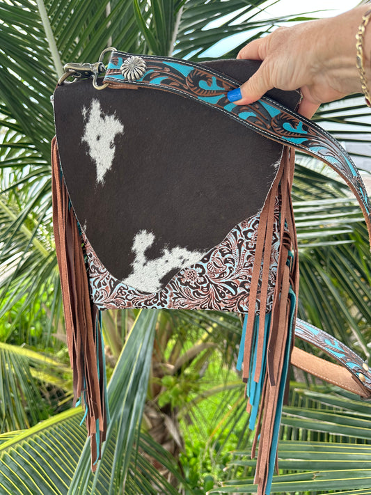 Hand tooled Cowhide Flap Fringe Crossbody