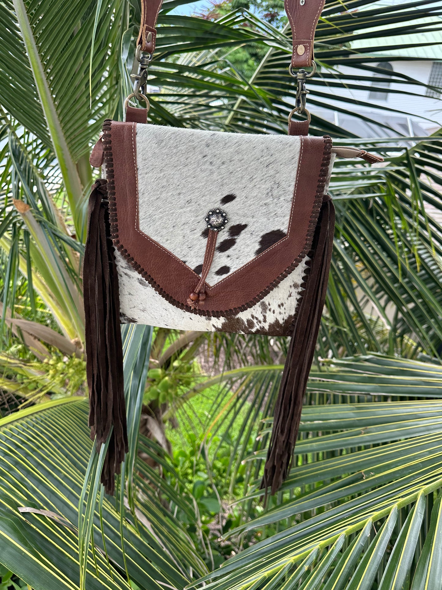 Gray/Brown Cowhide Leather Suede Fringe