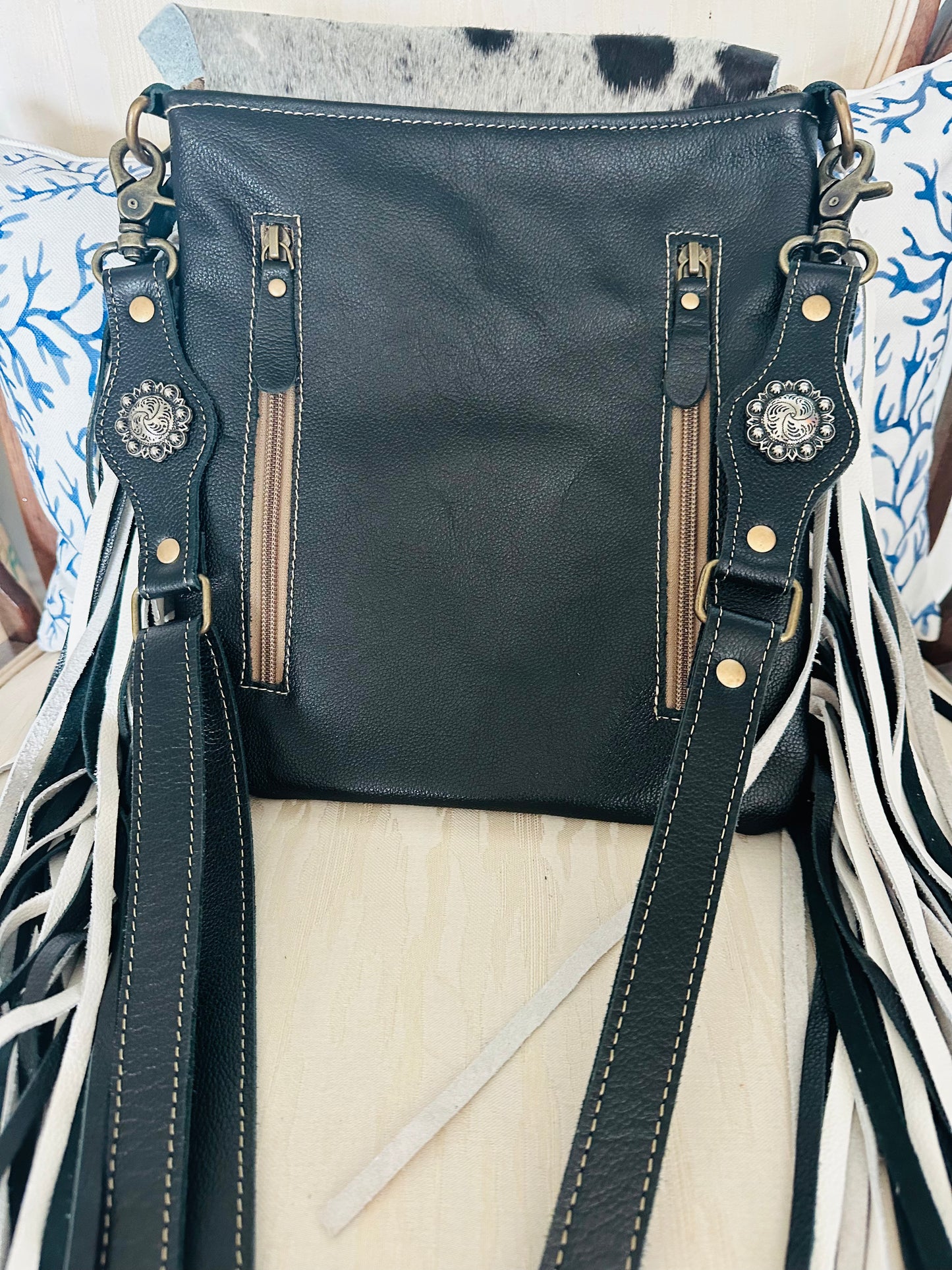 Mixed Cowhide Leather Fringe Crossbody