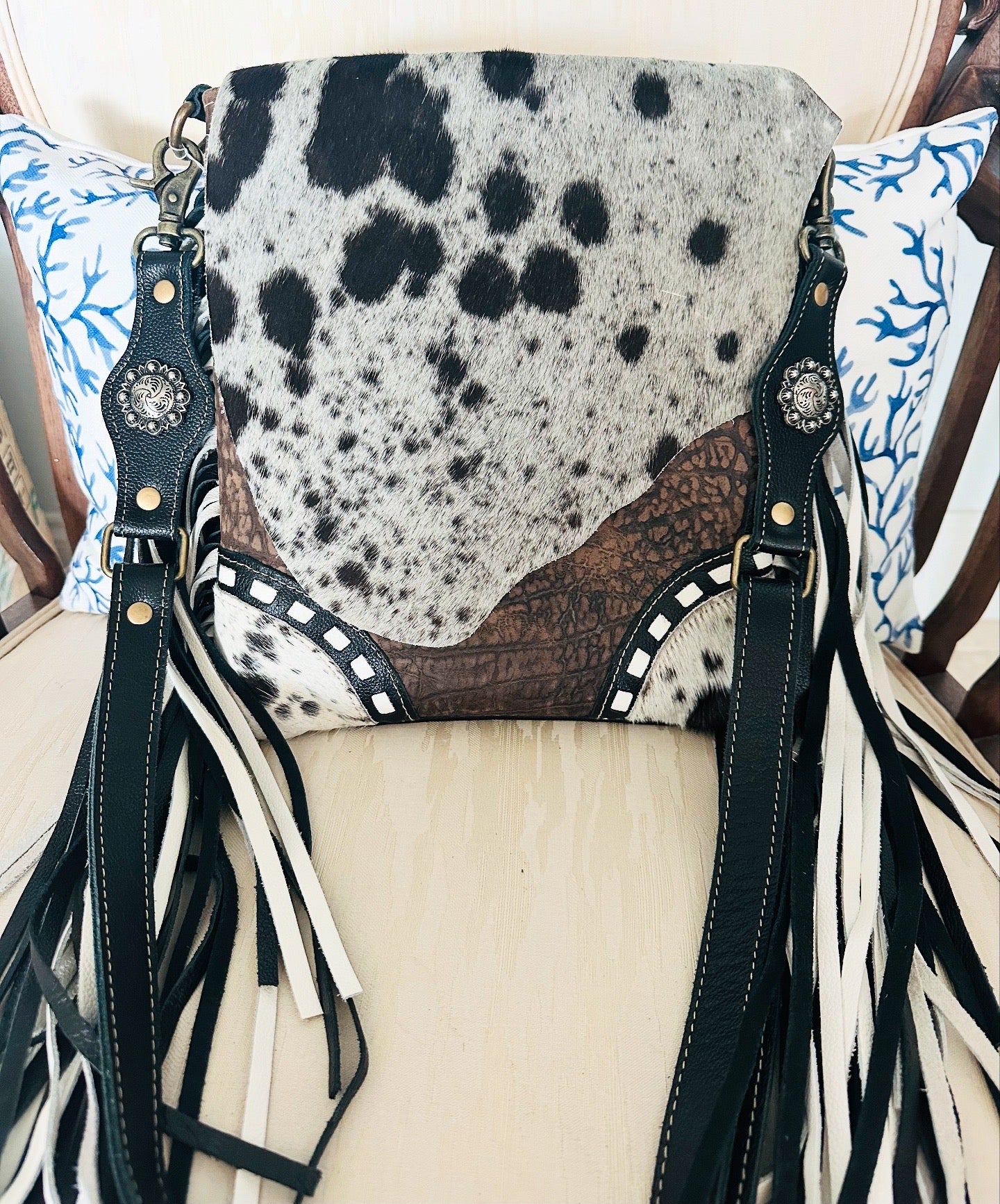 Mixed Cowhide Leather Fringe Crossbody