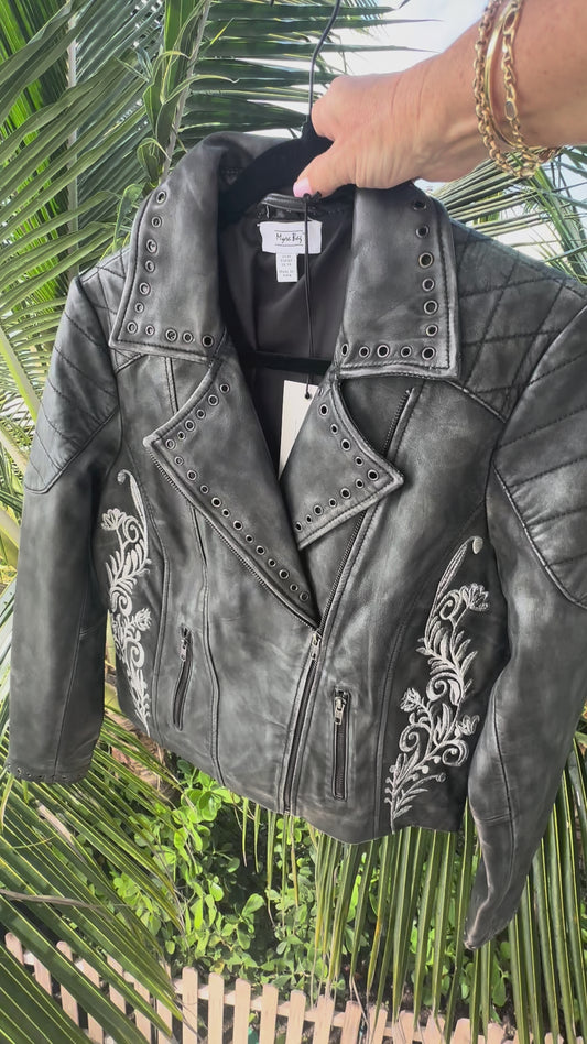 Lamb Flower Embroidery Leather Jacket