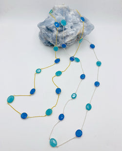 Aqua and Blue Chalcedony Bezel Necklace 36”