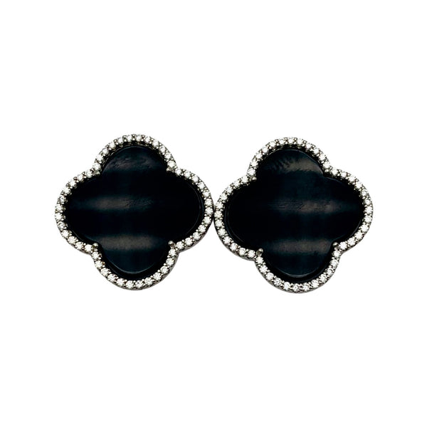 Black Onyx Clover Post Earrings Sterling