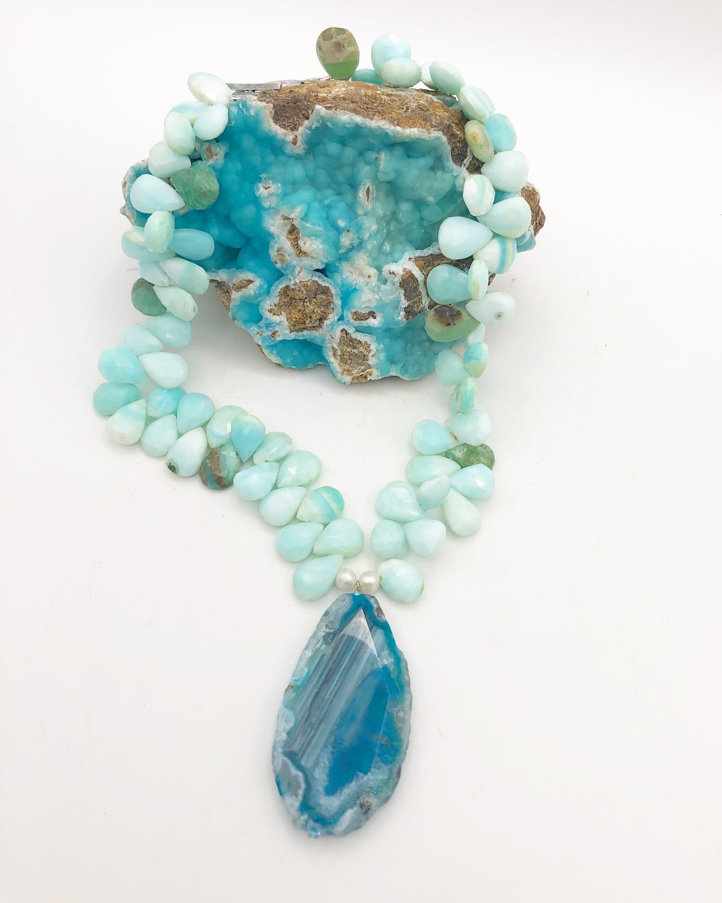 Blue Opal top drilled with Blue Agate Pendant