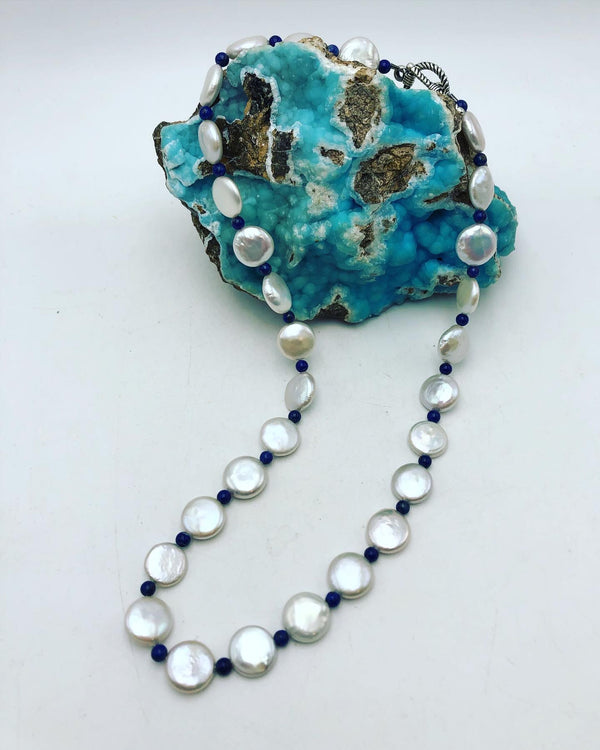 Coin Pearl Necklace with Lapis spacers