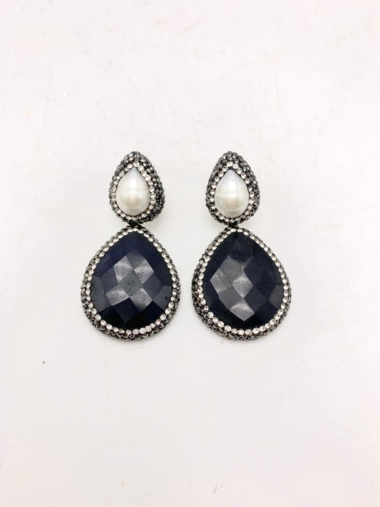 Double Drop Pave Stone and Pearl Earrings