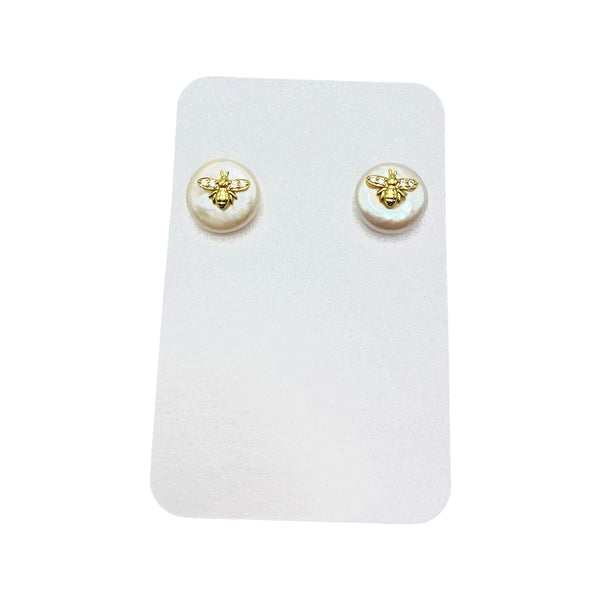 Fresh Water Coin Pearl post earrings with gold bees