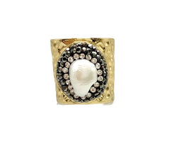 Hammered Brass adjustable ring Fresh Water Pearl  with crystals