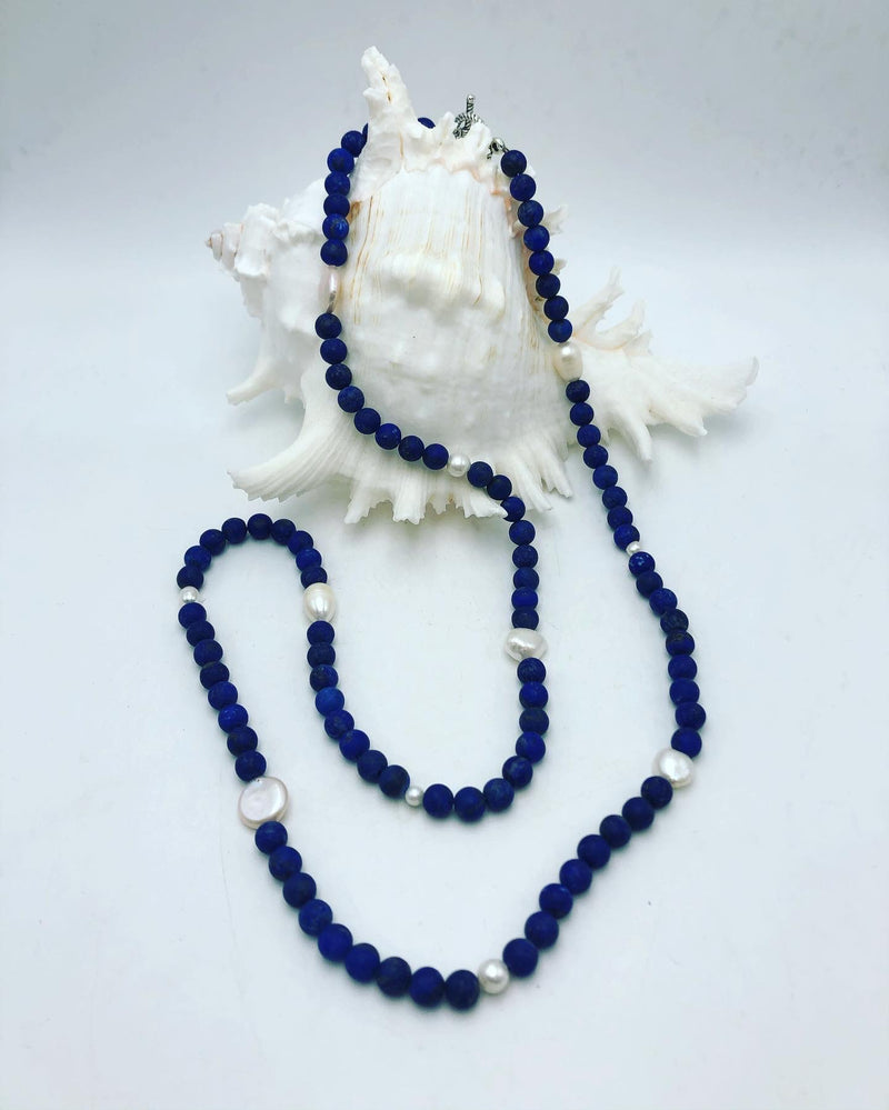 Lapis Stone with fresh water pearls 36”