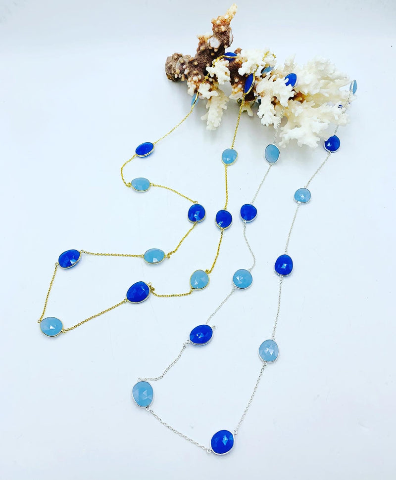 Mixed Blue Bezel Necklace 36"