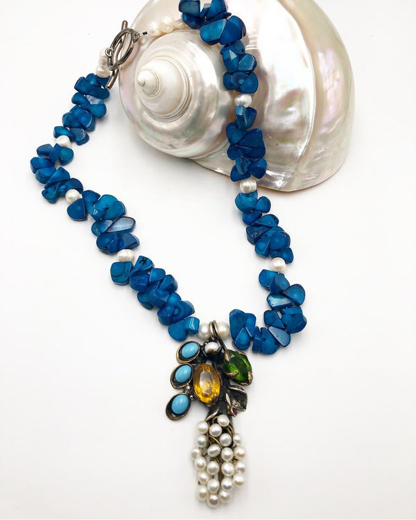 One of a kind Blue Coral with pearl accent,  unique pendant from Turkey with inlaid stones