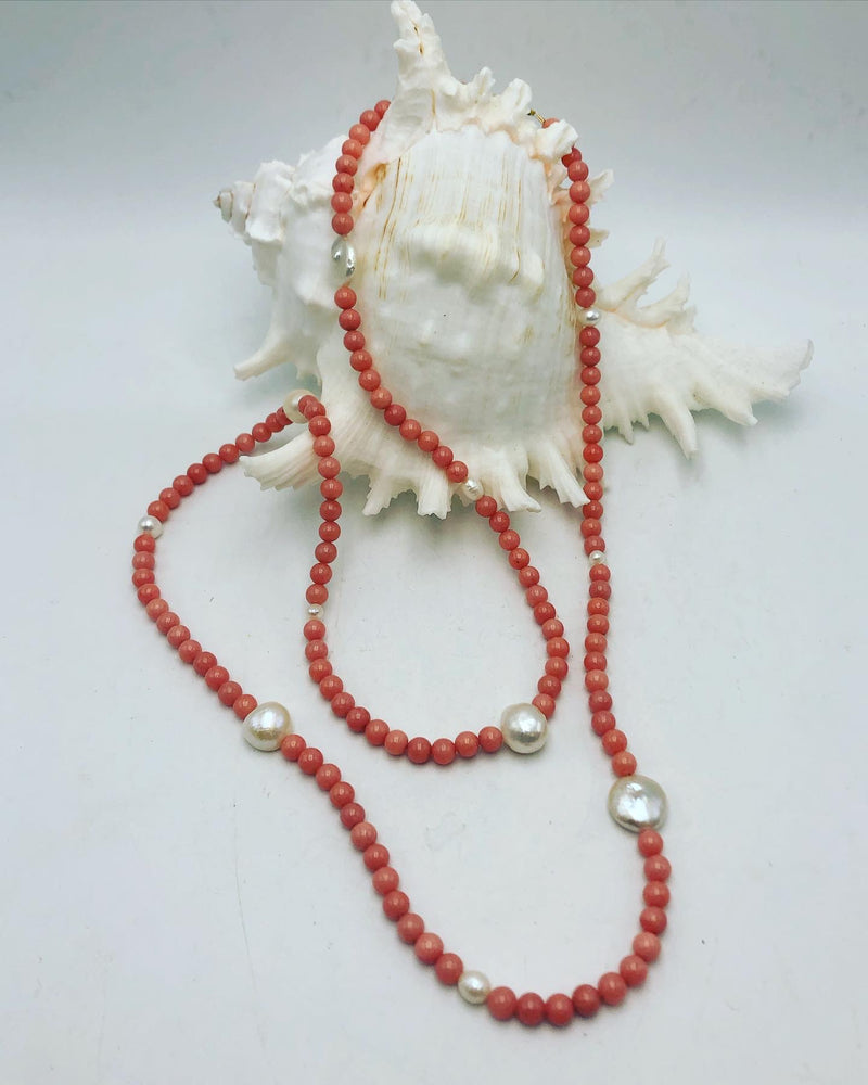 Orange coral with white fresh water pearls