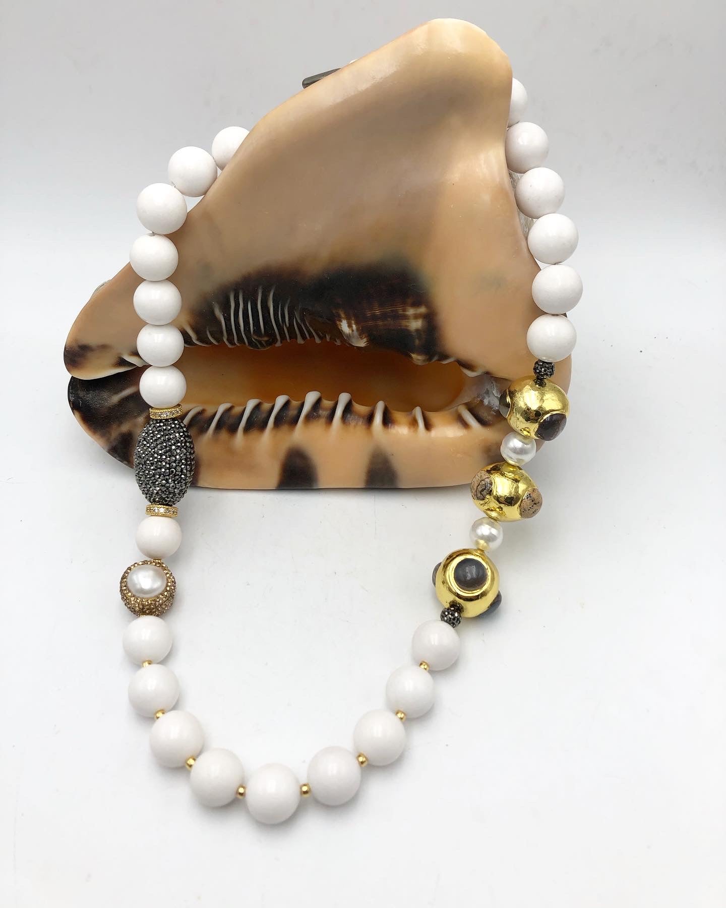 White Jade with Gold and Pave Accent 20”