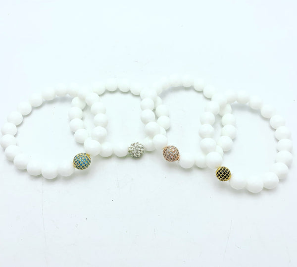 White Jade with Pave Accent Stretch Bracelet